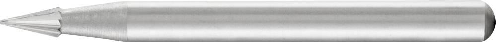 Eine silberne Kugelschreibermine, zylindrisch geformt mit einer spitz zulaufenden Schreibspitze.