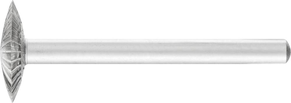 Ein Präzisionsfräser aus Metall mit einem feinkörnigen, kreuzschraffierten Kopf und einem langen, glatten Schaft für detaillierte Arbeiten.