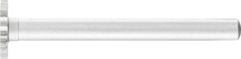 Zylindrisches Metallteil in silberner Farbe mit geriffeltem Ende links, möglicherweise ein Bolzen oder eine Achse.