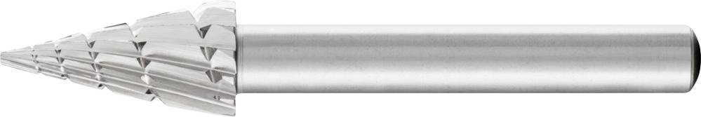 Ein silberner Kegelstufenbohrer mit mehreren Schneidstufen und einem glatten Griff für Metallbearbeitungsaufgaben.
