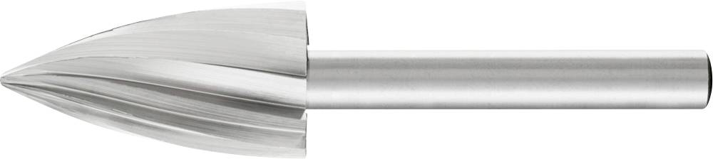 Ein zylindrisches Bohrwerkzeug mit einer spitz zulaufenden, spiralförmigen Schneide. Hauptsächlich aus glänzendem Metall gefertigt.