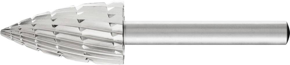 Metallschneidfräser in Kegelform mit grober Verzahnung, zur Materialbearbeitung. Silberne Farbe, glatter Stiel.