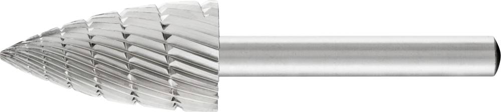 Ein konischer Frässtift mit spiralverzahnter Schneide und glattem Schaft aus Metall.