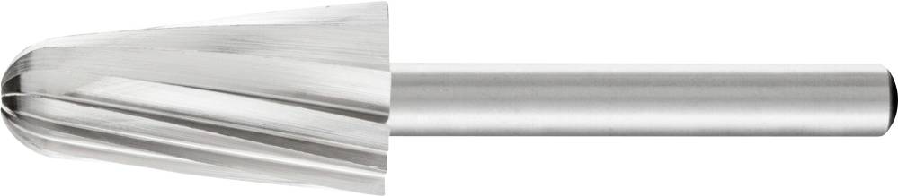 Fräserbit mit metallischem, konischen Kopf und glatter Welle. Eignet sich für präzise Schleif- und Formarbeiten auf Metalloberflächen.