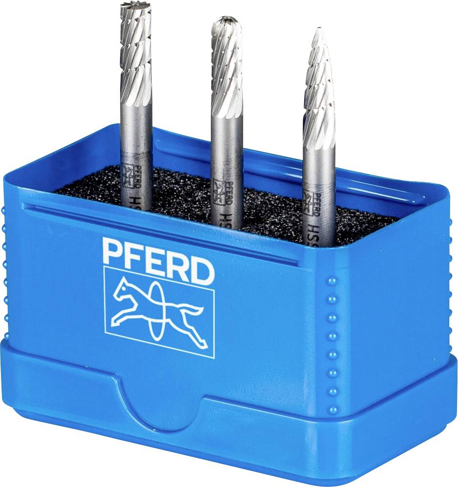 Drei Frässtifte in einer blauen Verpackung mit 'PFERD'-Logo, geeignet für die Metallbearbeitung.