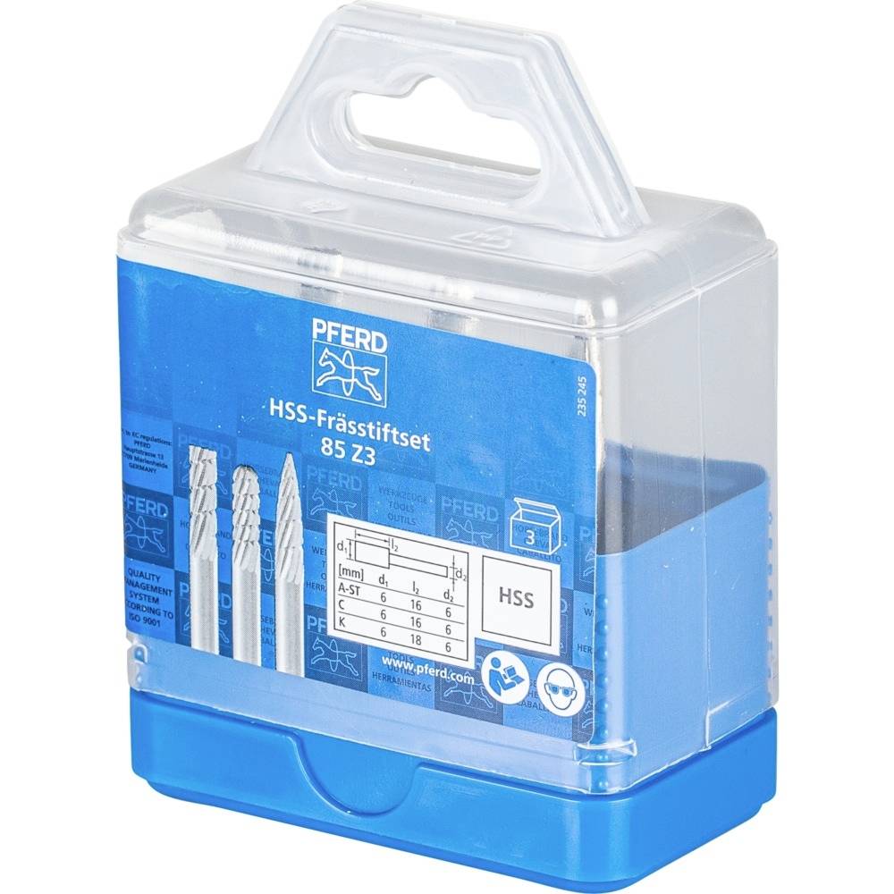 Eine Verpackung mit einem HSS-Frässtiftset der Marke 'Pferd'. Zeigt Werkzeuge und Spezifikationen zum Set auf blauem Etikett.