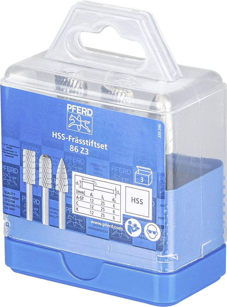 Verpackung eines HSS-Frässtiftsets von PFERD mit Infos zu Bitformen und Größen. Enthält drei Frässtifte in einem transparenten Etui.
