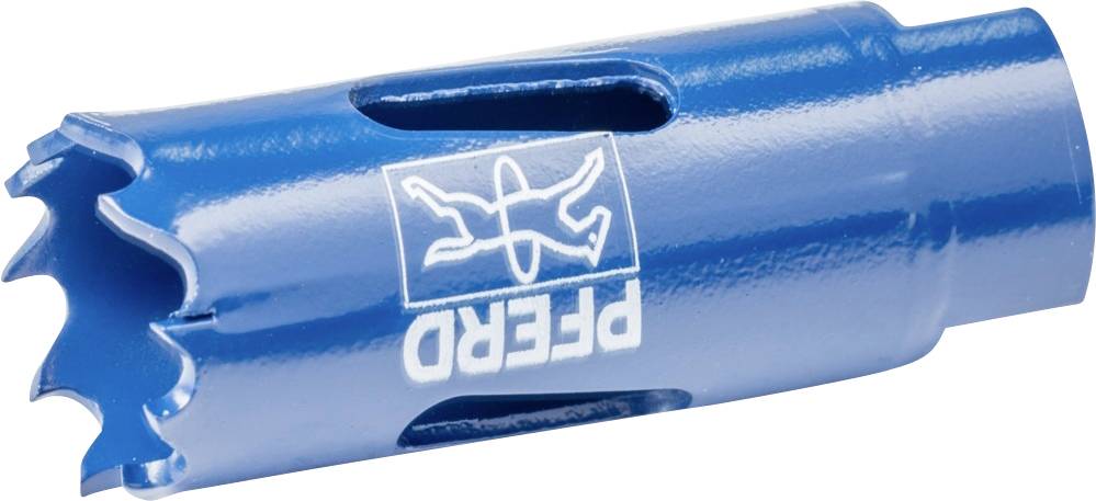 Blauer Lochsägeaufsatz von PFERD mit gezackter Schneide und Lüftungsschlitzen. Markenlogo in Weiß auf der Seite. Geeignet für Metall.