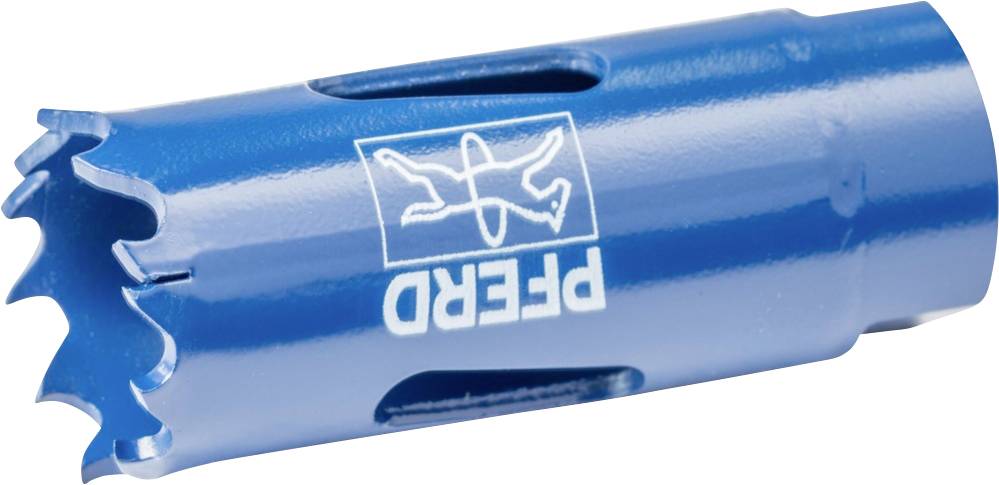 Ein blauer Lochsäge-Aufsatz mit gezackten Kanten und dem Logo 'Pferd' darauf. Geeignet für Bohraufsätze in handwerklichen Arbeiten.