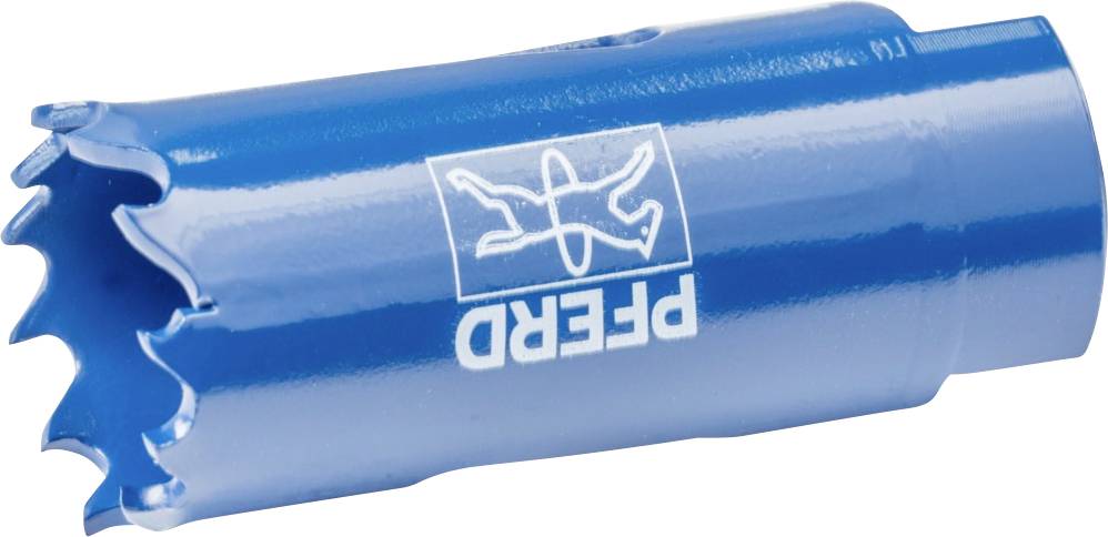 Blauer Lochsägenbohrer mit gezacktem Rand und 'Pferd'-Logo. Geeignet für präzise Bohrungen in verschiedensten Materialien.