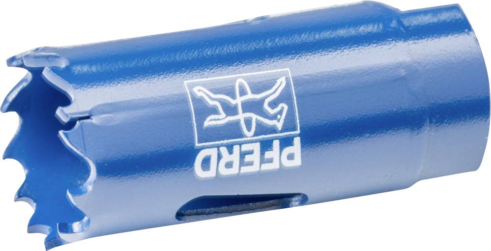 Blauer Lochsägenaufsatz mit scharfen, gezackten Kanten. Logo und Schriftzug eines Unternehmens in Weiß auf der Seite.