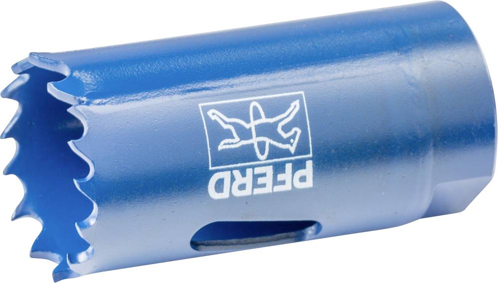 Blauer Lochsägeaufsatz mit gezahntem Rand, geeignet für Bohren in Holz oder Metall. Markierung 'PFERD' auf der Seite.