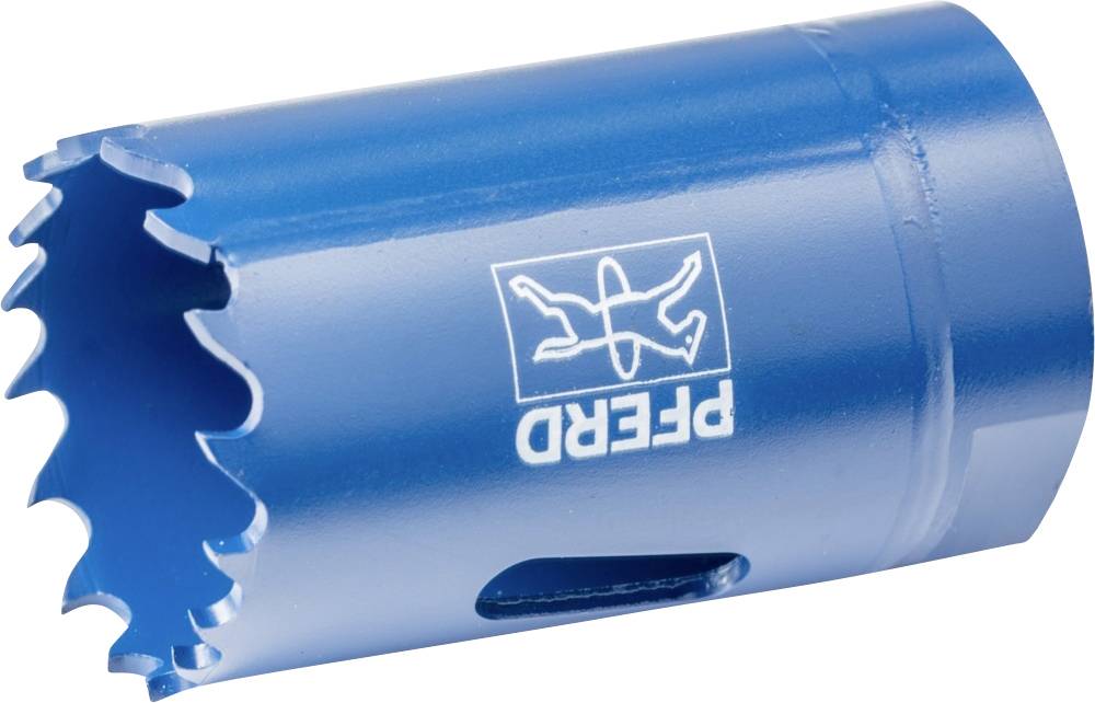 Blaue Lochsäge mit gezacktem Rand, Markenlogo 'Pferd'. Ideal zum Durchtrennen harter Materialien.