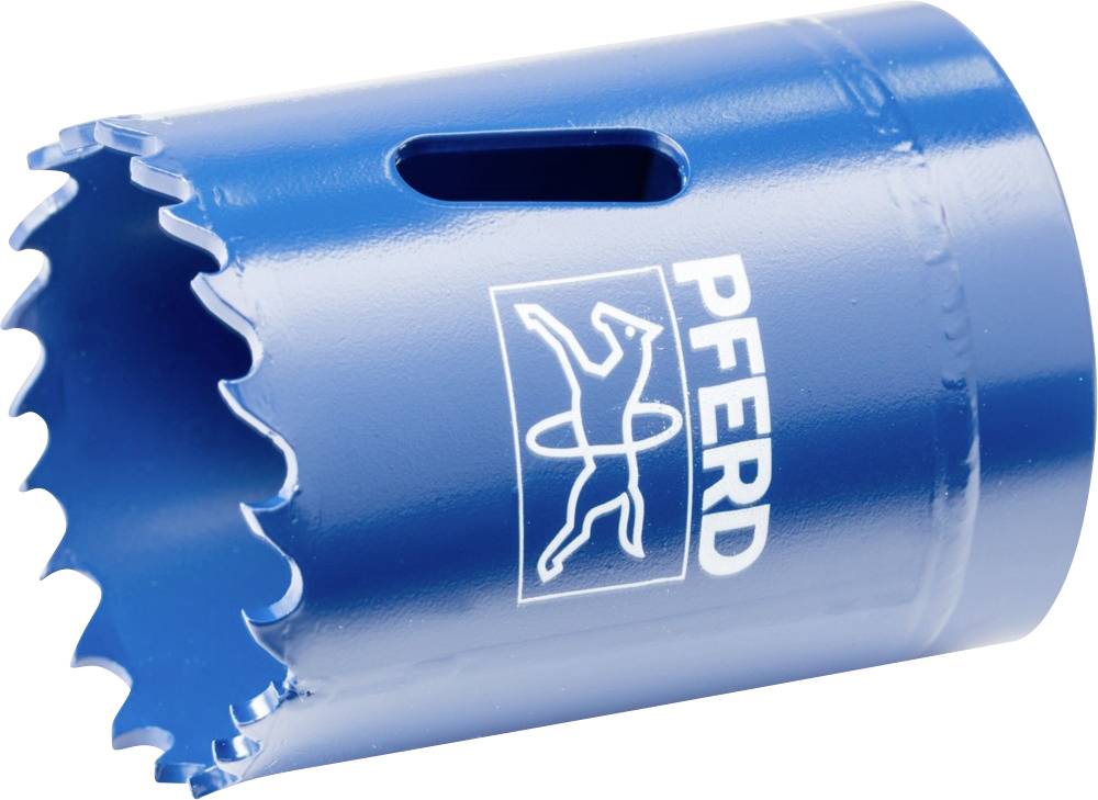 Blauer Lochsägeaufsatz mit scharfen Zähnen und 'Pferd'-Logo, geeignet zum Schneiden von Materialien.