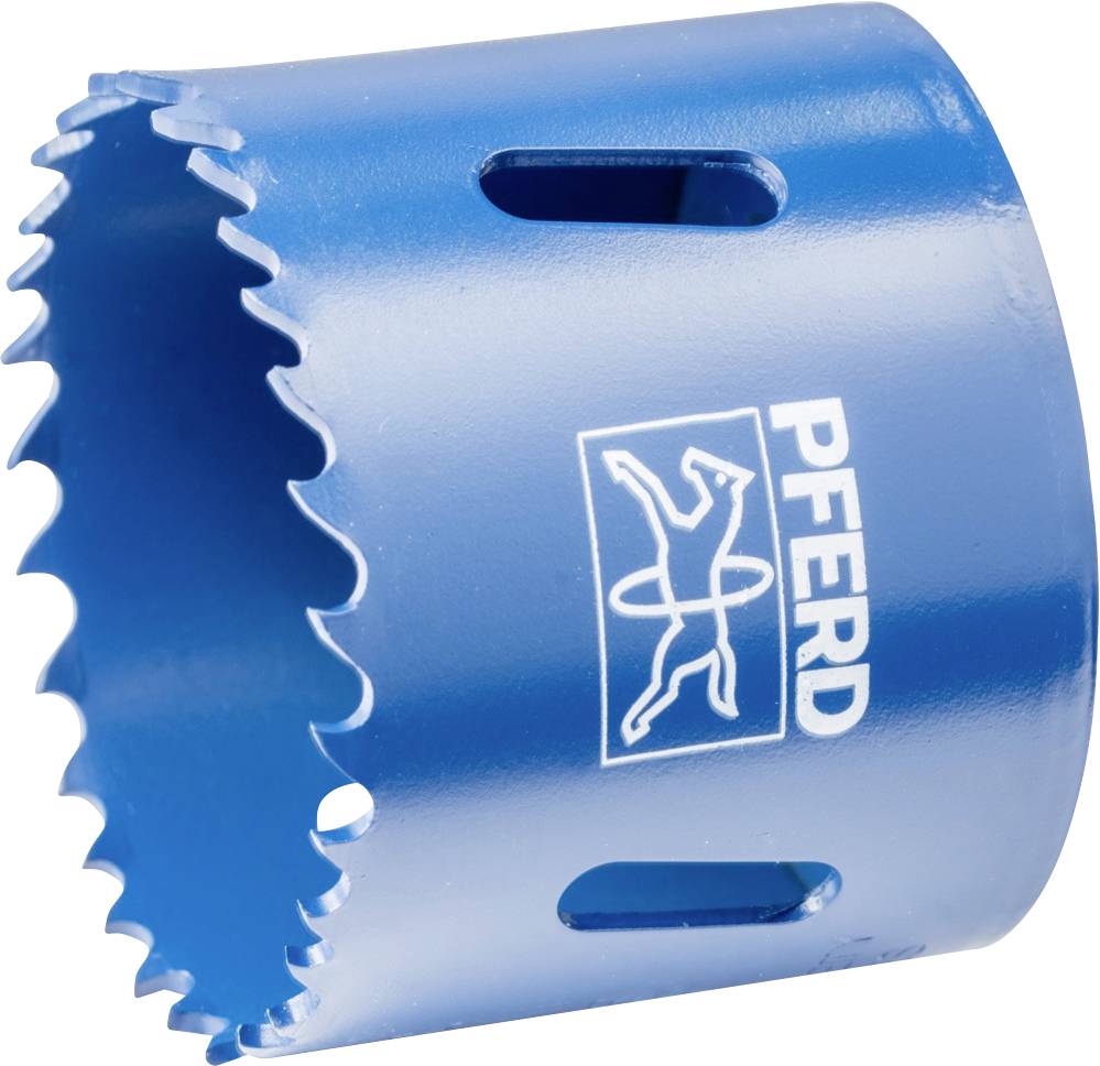 Blauer Lochsäge-Aufsatz mit gezackten Kanten und zwei schmalen Schlitzen, darauf das Pferd-Logo und der Schriftzug 'PFERD'.