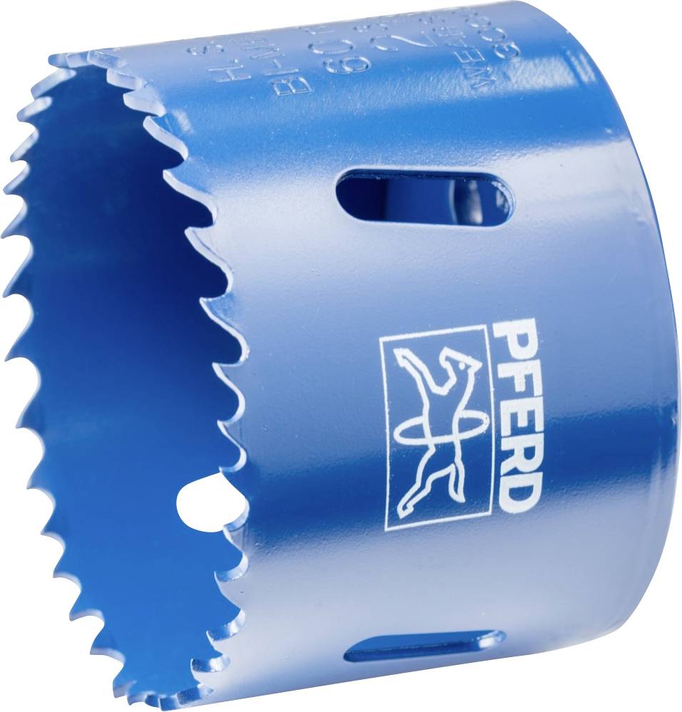 Blaue Lochsäge mit gezacktem Rand und Markenzeichen eines Pferdes.