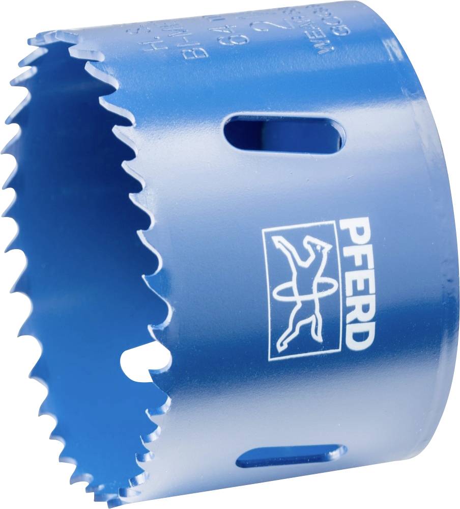 Ein blauer Lochsägeaufsatz mit scharfen Zähnen. Die Marke 'Pferd' ist seitlich aufgedruckt. Verwendet zum Bohren in Materialien.