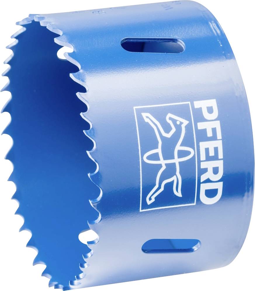 Ein blauer Lochsägenaufsatz mit scharfen Zähnen und der Aufschrift 'PFERD'. Ideal zum Schneiden von Löchern in Materialien.