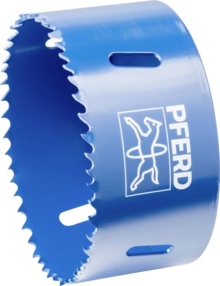Blaue Lochsäge mit gezacktem Rand und dem Logo der Firma PFERD darauf, geeignet für präzises Bohren in Metall oder Holz.