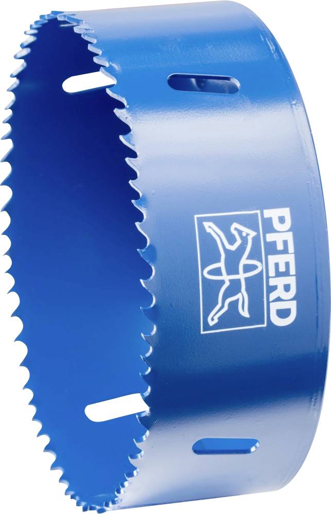 Blaues Lochsägeblatt mit gezacktem Rand, Markenlogo 'PFERD' auf der Seite. Verwendet zum Schneiden von runden Löchern in Materialien.