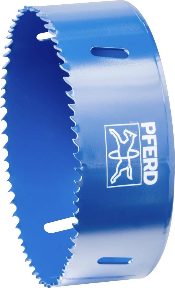 Ein blauer Lochsägeaufsatz mit gezackter Schneide und dem Schriftzug 'PFERD'. Geeignet für präzises Bohren in verschiedene Materialien.