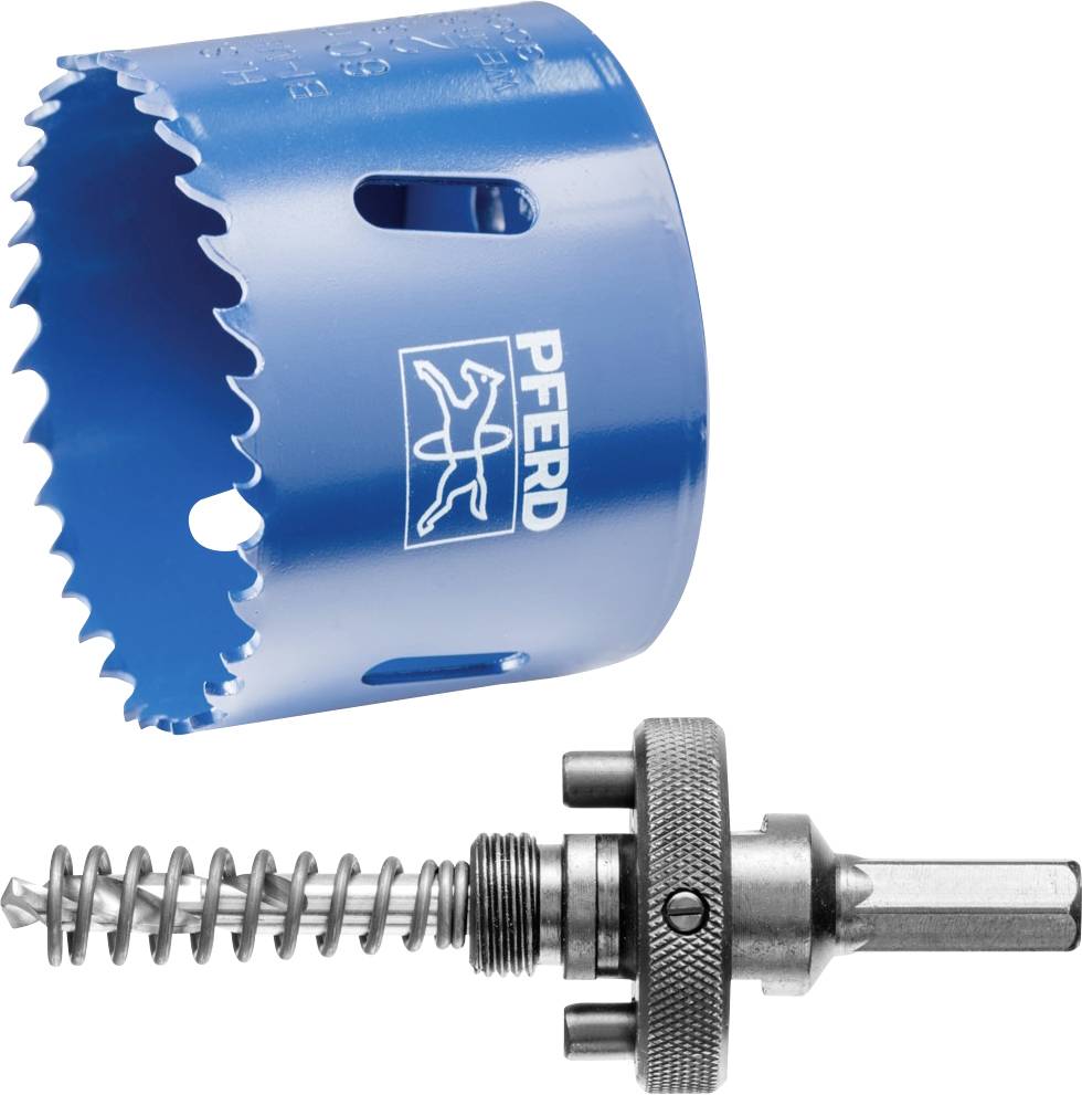 Metallsägekrone und Adapter, blau, vor weißem Hintergrund.