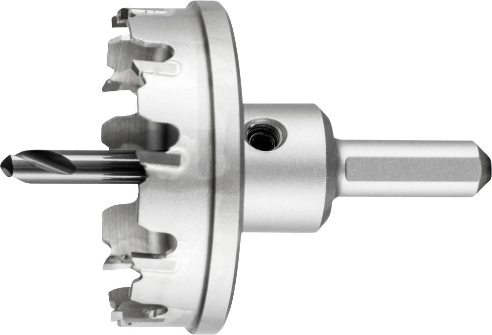 Metall-Lochsäge mit integriertem Bohrer und scharfen Zähnen für präzises Schneiden.