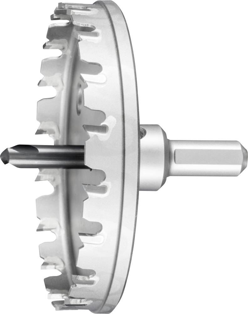Bohrer mit gezackter, runder Klinge und metallischem Griff, eignet sich zum Bohren großer Löcher in Materialien wie Holz oder Metall.