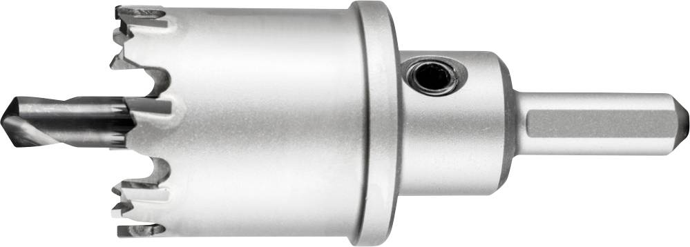 Ein runder Lochsägeaufsatz aus Metall mit Bohrer in der Mitte, geeignet zum Bohren großer, runder Löcher in verschiedenen Materialien.