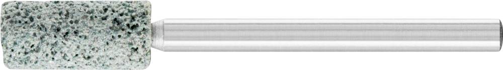 Schleifaufsatz mit zylindrischem Stein, grau und körnig, auf einem silbernen Schaft montiert, vor weißem Hintergrund.