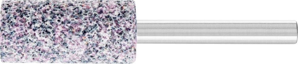 Ein zylindrischer Aufsatz mit rauer, körniger Oberfläche in Rosa, Blau und Grau. Er ist an einem Metallstift befestigt.