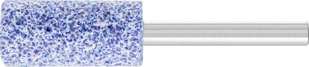 Blauer Schleifstein mit zylindrischer Form auf einem Metallstift; wird für präzises Schleifen oder Schärfen verwendet.