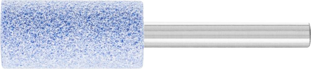 Blauer Schmirgelaufsatz an einem Metallstift, verwendet zum Schleifen oder Polieren in der Metall- oder Holzbearbeitung.