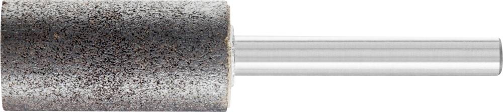 Ein rotbrauner Schleifaufsatz mit zylindrischer Form und einem silbernen Metallstift zum Befestigen an einem Werkzeug.