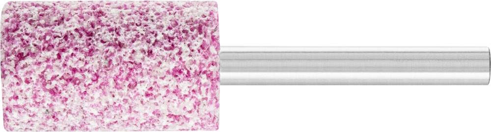 Zylinderförmiger rosa Schleifaufsatz mit grober Textur, montiert auf einem Metallstab, für Schleif- oder Polierarbeiten.