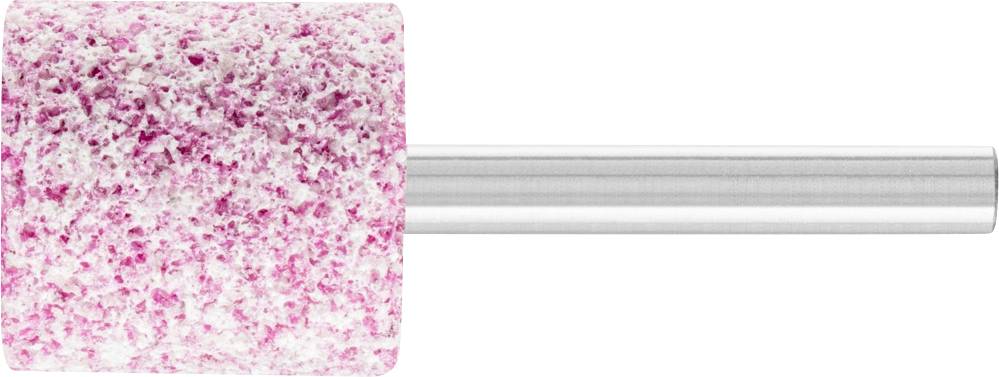 Ein zylinderförmiger Schleifaufsatz mit rosa und weißen Partikeln auf einem Metallstab, verwendet für Schleif- oder Polierarbeiten.