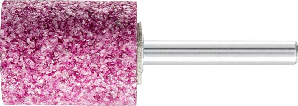 Eine pinkfarbene Schleifrolle mit grober Textur und Metallstift, häufig verwendet zum Schleifen oder Polieren in handwerklichen Arbeiten.