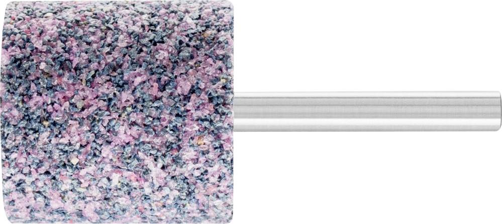 Ein zylindrischer Schleifaufsatz mit grober, mehrfarbiger Oberfläche, an einem metallischen Schaft befestigt, zur Nagelpflege.