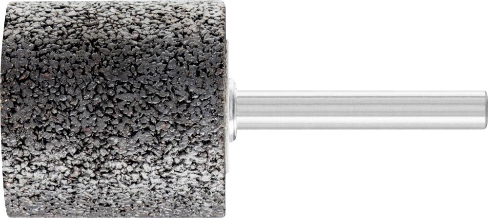 Ein zylindrischer Schleifaufsatz mit rauer, körniger Oberfläche, befestigt an einem silbernen Schaft.