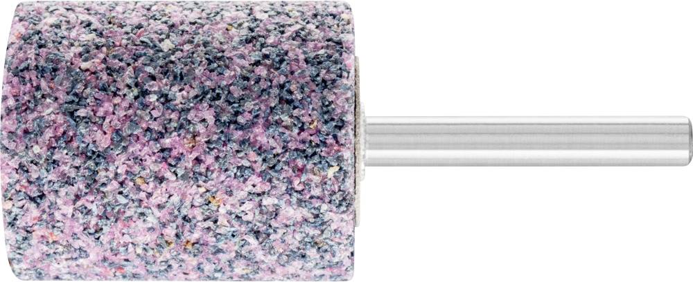 Ein Schleifaufsatz in zylindrischer Form mit einem groben, mehrfarbigen Schleifbelag auf einem Metallstift.