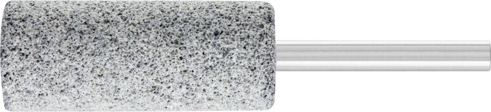 Ein zylindriger Schleifstein mit metallischem Schaft, verwendet für Feinarbeiten an Oberflächen oder Werkzeugen.