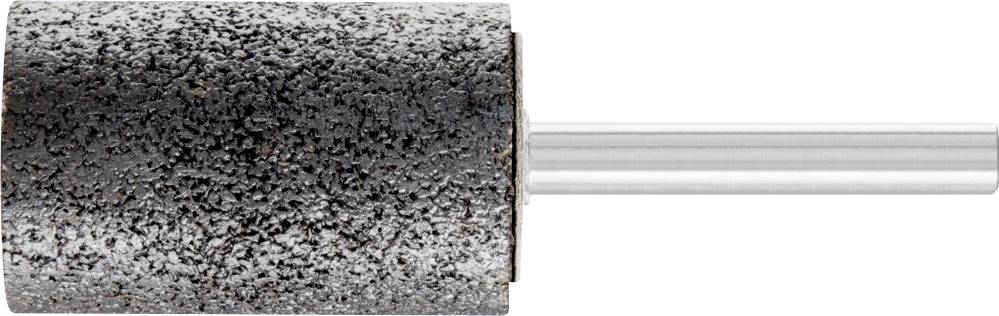 Ein zylindrisches Schleifwerkzeug mit schwarzer, körniger Oberfläche und metallischem Schaft. Ideal zum Schleifen von Oberflächen.