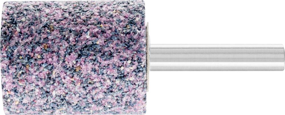 Schleifwerkzeug mit zylindrischem, violett-blau-grünem Schleifkopf, montiert auf einem silbernen Metallstift. Geeignet für Präzisionsarbeiten.