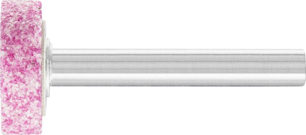 Ein rotierender Schleifkopf mit rosa Schleifscheibe auf einem Metallstift, häufig zum Schärfen oder Glätten von Materialien verwendet.