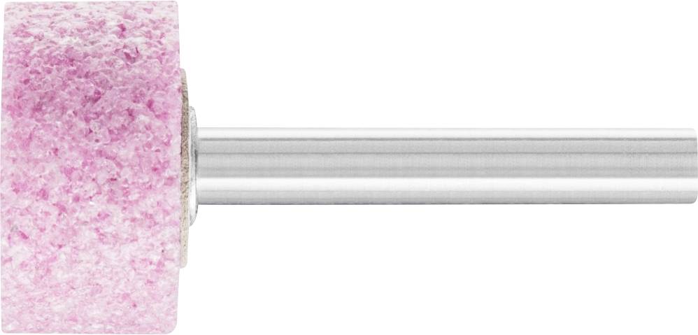 Rosa Schleifaufsatz mit zylindrischer Form, befestigt auf einem silbernen Metallstift, auf weißem Hintergrund.