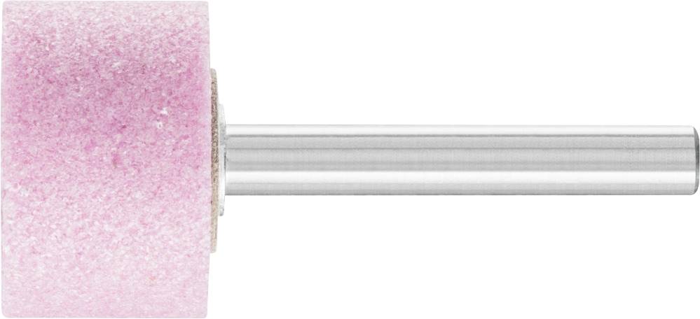 Schleifgerät mit rosa Schleifkegel und silbernem Schaft, verwendet zum Polieren oder Glätten von Oberflächen.