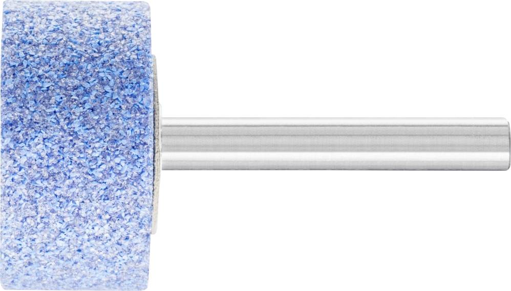 Blauer Schleifaufsatz für einen Schönheitspflegegerät, rechts ein Metallstift.
