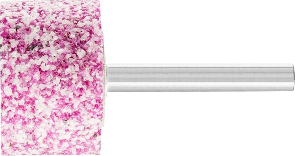 Ein rot-weiß gepunkteter Schleifaufsatz mit silbernem Schaft, geeignet zum Polieren oder Schärfen in Werkstattanwendungen.