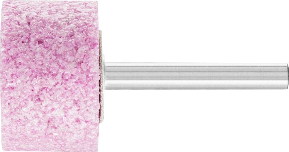Ein rosa Schleifstein mit silbernem Metallschaft, horizontal ausgerichtet, vor einem weißen Hintergrund.