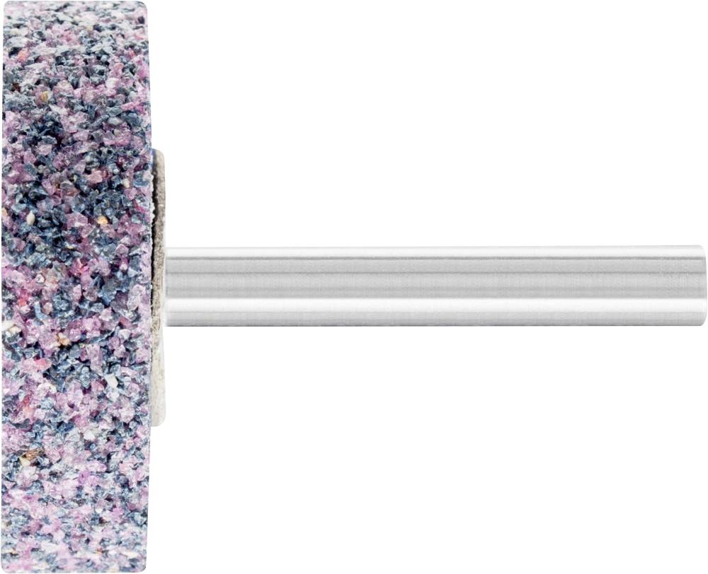 Schleifstein mit grobkörniger, rosa und blauer Oberfläche, montiert auf einem Metallstab. Geeignet für Schleifarbeiten.